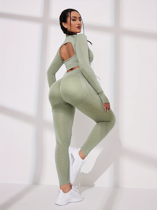 2Pcs Plain Sporty Set, Round Neck Long Sleeves Backless Top & High Waist Running Pant Sports Suit, Women's Activewear